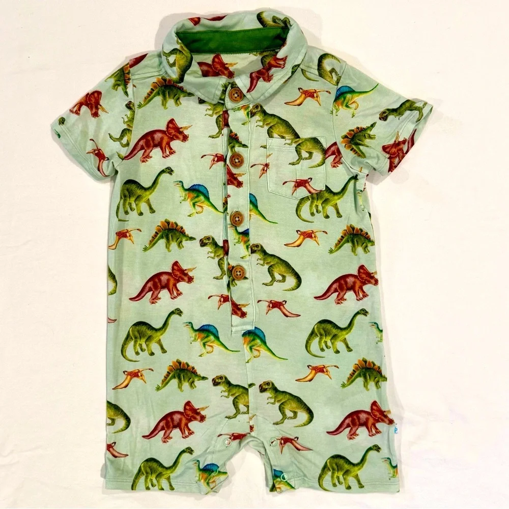 Posh Peanut Henley Shortall Boys 18-24M Buddy Dinosaurs Bamboo Collared Romper